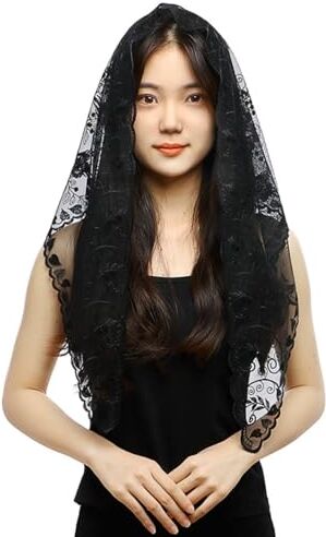 runrayay Black Veil Lace Mantilla Catholic Church Chapel Veil Head Covering Latin Mass Short, Style 1