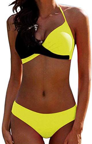 JFAN Donna Costume da Bagno Push Up Imbottito Reggiseno Bikini Donna Due Pezzi Swimwear Abiti da Spiaggia(Giallo & Nero,M)