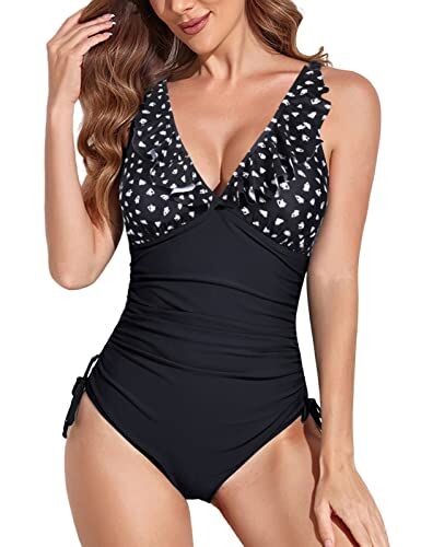 UMIPUBO Costume da Bagno Intero Donna Scollo A V Volant Costumi da Mare Interi Push Up Vita Alta Controllo della Pancia Bikini Costumi Un Pezzo Spiaggia Beachwear Swimwear (Nero A Pois, XL)