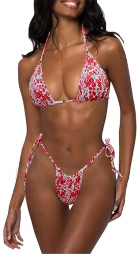 Svanco Set Bikini con Perizoma da Donne Costumi da Bagno Cinturino A Spaghetti Costume da Bagno Due Pezzi per Donna Set Bikini Push Up con Coppa A Triangolo Fiore Rosso XS