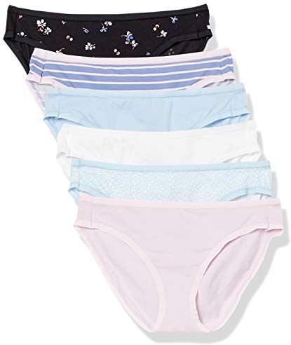 Amazon Essentials Slip Bikini in Cotone (Disponibile in Taglie Forti) Donna, Pacco da 6, Bianco/Blu/Motivo Floreale Piccolo/Nero Floreale/Righe/Rosa Chiaro, 48