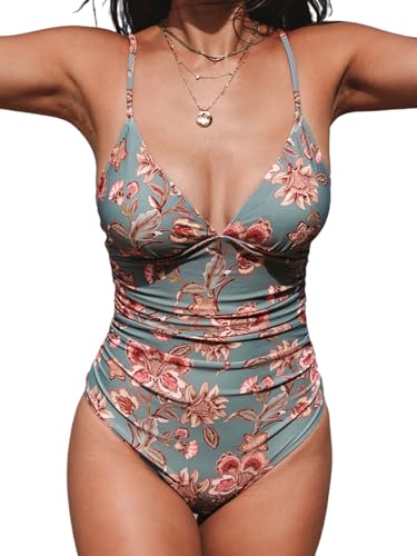 CUPSHE Costume da bagno intero da donna con scollo a V per controllo della pancia, Retro floreale., XL