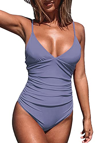 CUPSHE Costume da bagno da donna a triangolo con scollo a V, a strisce, tinta unita, drappeggio sull’addome, viola., XL