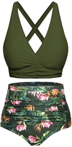 Svanco Costume da Bagno Due Pezzi Donna Top Bikini Incrociato Slip A Vita Alta E Increspato Set Bikini Push Up Donne Costumi da Bagno Verde Oliva M