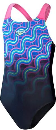 Speedo Bambina Girls Digital Placement Splashback Costume intero, True Navy/Rose Violet/ Blu Flame/Giallo brillante/Lapis Blu, 7-8 Anni