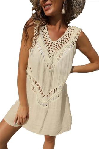 Yutdeng Copricostume Donna Mare Abito da Spiaggia Sexy Elegante Scollo a V Senza Maniche Bikini Cover Up in Crochet Copri Costume da Spiaggia Estate Beachwear,Beige