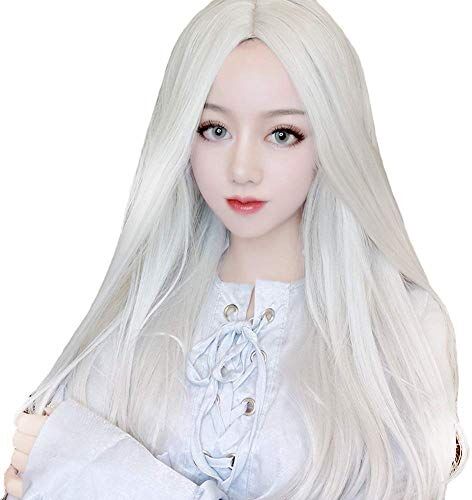 GHK Hairpieces Europe and America Realistic Silver White Split Long Straight Hair Suit Men and Women Anime Cos Wig Costume Film and Television Costume Props Makeup Wig