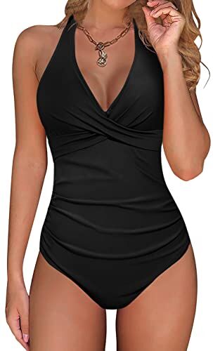 UMIPUBO Costume da Bagno Intero Donna Sexy Scollo a V Bikini Push Up Imbottito Reggiseno Curvy Costumi da Mare Donna Interi Costumi Un Pezzo Cross Spiaggia Beachwear Swimwear (Nero, L)