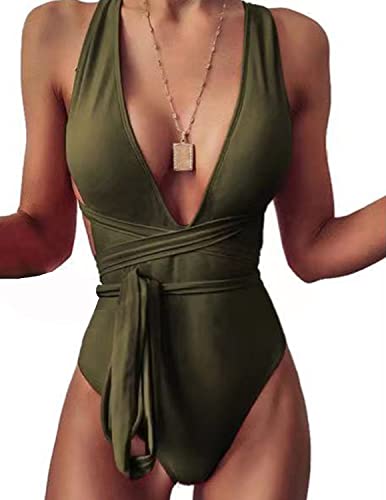 MUMZUGI Costumi da Bagno Donna Interi Tankini retrò Bikini Vita Alta Push Up Beachwear Floreale, Verde XL