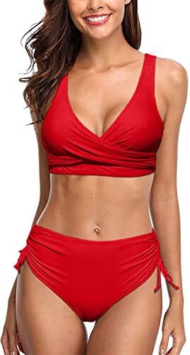 heekpek Costume da Bagno Donna Due Pezzi Costumi Push Up Scollo a V Top Bikini con Lacci Incrociati sul Retro e Pantaloncini da Bagno con Coulisse Laterale a Pieghe Bikini Donna Mare, Rosso, XL