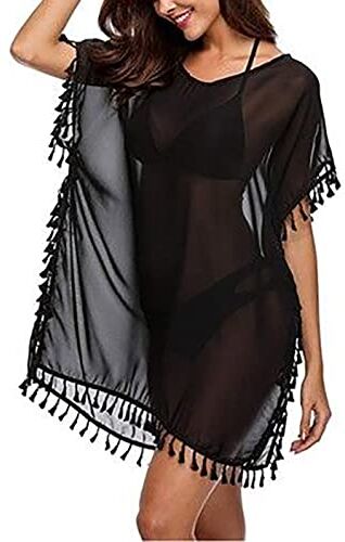 Evlry Edary Beachwear Costume da bagno in maglia con nappe, scollo a V, con scollo a V, per bikini e ragazze, colore: nero