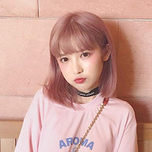 GHK European and American fashion wig air bangs short hair ladies color bobo head light pink wig headgearGrandma ash Light Brown