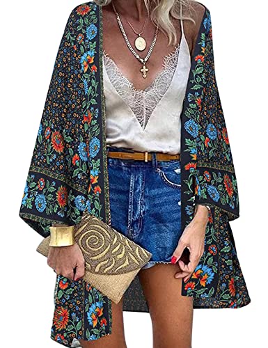 Vancavoo Kimono Copricostume Donna Cardigan Lungo Retro Stampa Floreale Bikini Cover Up Maniche Lunghe Coprivostume Elegante Copricostumi da Bagno Estate Beachwear,Blu+Fiori,M