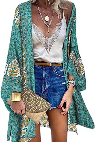 Vancavoo Kimono Copricostume Donna Cardigan Lungo Retro Stampa Floreale Bikini Cover Up Maniche Lunghe Coprivostume Elegante Copricostumi da Bagno Estate Beachwear,Verde,XXL