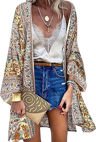 Vancavoo Kimono Copricostume Donna Cardigan Lungo Retro Stampa Floreale Bikini Cover Up Maniche Lunghe Coprivostume Elegante Copricostumi da Bagno Estate Beachwear,Bianco Sporco,L