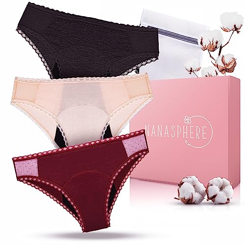 NANASPHERE Mutande Assorbenti Mestruali Set di 3 + Sacco Lavaggio   Donna Ciclo Flusso Abbondante   Cotone Organico   Slip Mestruale Donna   Incontinenza Perdita Urinaria Post Parto Adolescente (M)