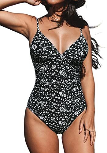 CUPSHE Costume da bagno da donna a triangolo con scollo a V, a strisce, tinta unita, drappeggio sull’addome, Nero con motivo floreale, XL