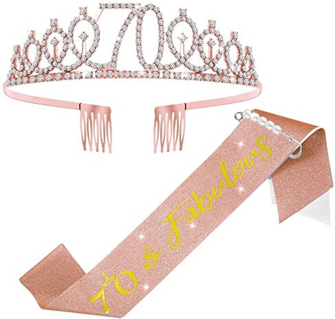 Abeillo 30th/50th/60th/80th/90th Anni Compleanno Donna Corona, Compleanno Sash e Compleanno Strass Corona, Set di Decorazione per Compleanno Donne (Rosa-70th)