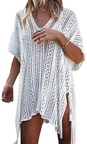 TMEOG Copricostume da Bagno Donna in Maglia Uncinetto Estate Abito da Spiaggia Bikini Cover Up Camicetta Maglia Tunica Kaftan Top (One Size, Bianca)