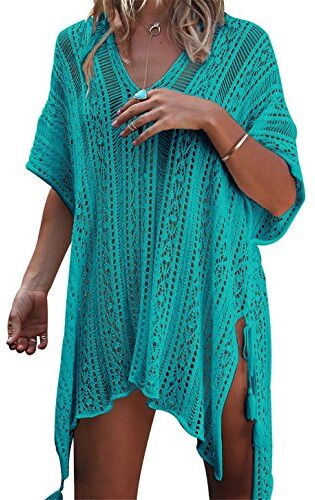 TMEOG Copricostume da Bagno Donna in Maglia Uncinetto Estate Abito da Spiaggia Bikini Cover Up Camicetta Maglia Tunica Kaftan Top (One Size, Verde)