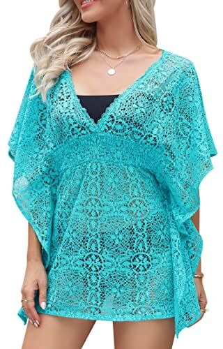 Terecey Copricostume Donna Mare Pizzo Estivi Copri Costume da Spiaggia Sexy Vestito Mare Donna Scollo a V Bikini Cover Up Vuota e Traspirante per Piscina Vacanza (Verde,S)