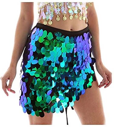 Larancie Gonna paillettes Danza ventre Gonna anca Sciarpa triangolo Mini gonna paillettes Wrap Party Costume rave per donne e ragazze Danzatrice ventre Halloween(blu verde)