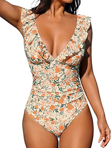 CUPSHE , Costume da bagno intero contenitivo da donna, con volant e chiusura con lacci, Multicolore, L