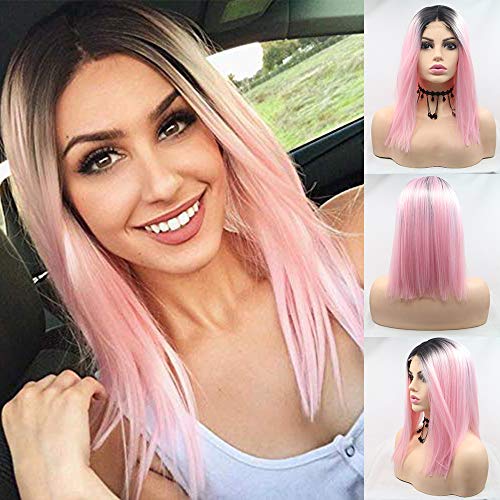 KARISSA Parrucca sintetica rosa Ombre con radici scure Parrucche corte economiche per donna Parrucca da 2 toni da nero a rosa parrucca Bob Ombre rosa resistente al calore