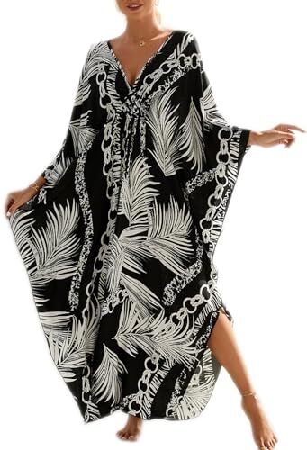 Baynetin Donna Kaftan Abito Copricostumi Spiaggia Floreale Bohémien Vestito Mare Taglia Grande Maxi Kimono Beach Bikini Cover ups Casual Caftano Loungewear Costume da Bagno Coprire (Foglia)