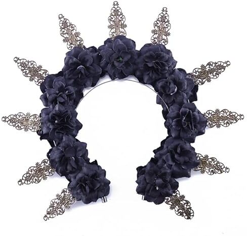 Generic Coroncina floreale vintage con fiori e corona di cristallo Mary fascia da donna per feste Halloween costume copricapo (nero)