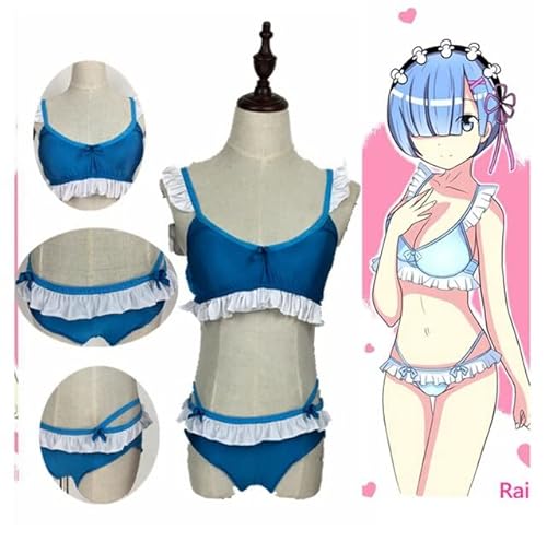 VLEAP Anime Re Zero Kara Hajimeru Isekai Seikatsu REM RAM Costume da bagno Costume da bagno Bikini Lolita Cosplay Costume / Rosa Blu Breve Parrucca alla moda Taglia unica Blu Costume