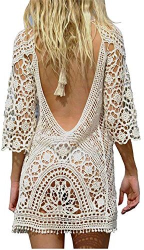 TMEOG Copricostume da Bagno Donna in Maglia Uncinetto Estate Abito da Spiaggia Bikini Cover Up Camicetta Maglia Tunica Kaftan Top (One Size, Senza Schienale Bianca)