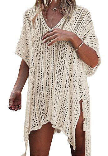 TMEOG Copricostume da Bagno Donna in Maglia Uncinetto Estate Abito da Spiaggia Bikini Cover Up Camicetta Maglia Tunica Kaftan Top (One Size, Beige)