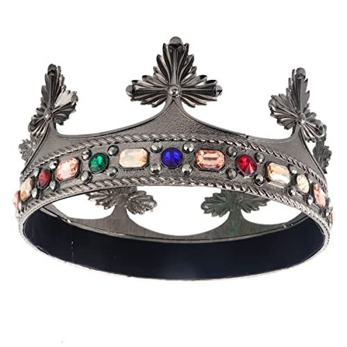 LEEMASING Barocco uomini re lega grande corona di cristallo perle reali principe donne accessori per capelli per la festa di compleanno costume di Halloween (Nero con pietra colorata)