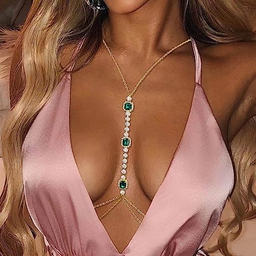 JUSTUSNX Green Crystal Bra Catena Moda Semplice Catena Del Corpo Strass Sexy Bikini Nightclub Body Chain Accessori per Donne e Ragazze (B)