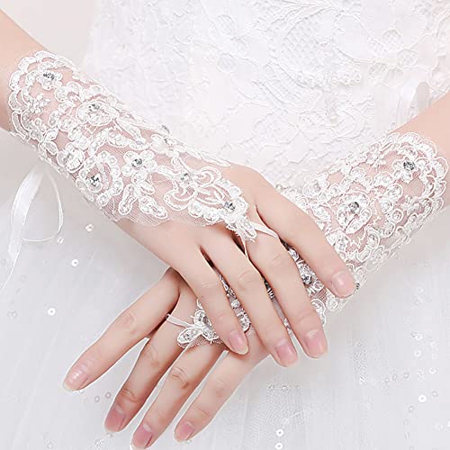 Carufin Guanti da sposa in pizzo Guanti corti senza dita con fiori di cristallo Guanti da ballo da sposa per accessori per costumi da festa di nozze per donne e ragazze (Avorio)