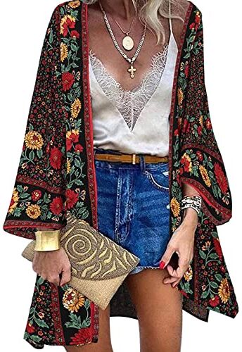 Vancavoo Kimono Copricostume Donna Cardigan Lungo Retro Stampa Floreale Bikini Cover Up Maniche Lunghe Coprivostume Elegante Copricostumi da Bagno Estate Beachwear,Nero+Fiori,XL