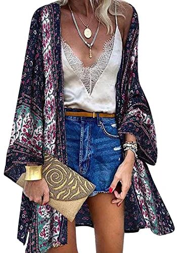 Vancavoo Kimono Copricostume Donna Cardigan Lungo Retro Stampa Floreale Bikini Cover Up Maniche Lunghe Coprivostume Elegante Copricostumi da Bagno Estate Beachwear,Blu Navy,M