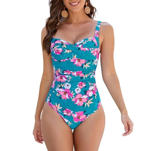 WIN.MAX Costume Intero Donna, Costume Intero con Controllo della Pancia, Costume da Bagno Taglie Forti per Donna Monokini Push-up Vintage, per Coppe da C a DD(Fiore Rosa e Verde, IT44)