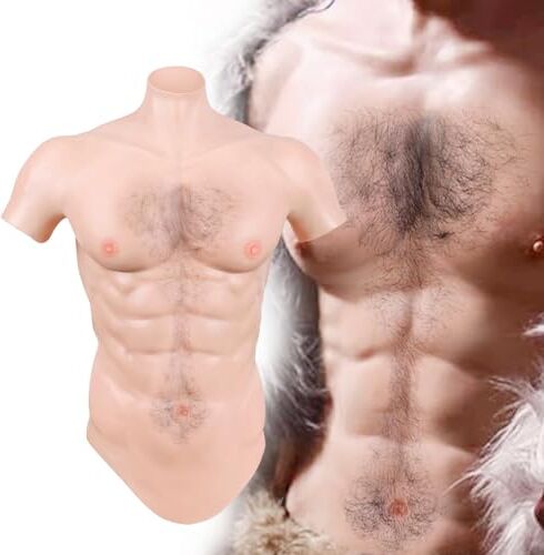 ICEVER Tuta muscolare maschile in silicone con capelli del seno nero realistico petto muscolare finto vestito addominale falso costume per cosplay feste transgender (pelle chiara bianco avorio, taglia