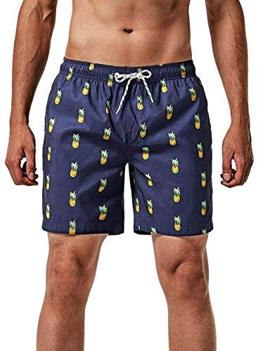 MaaMgic Pantaloncini da Bagno da Uomo Asciugatura Veloce Costume da Bagno per Surf sulla Spiaggia Multi-funzioni Allenamento casa con Fodera in Mesh, Ananas Blu Navy, XS