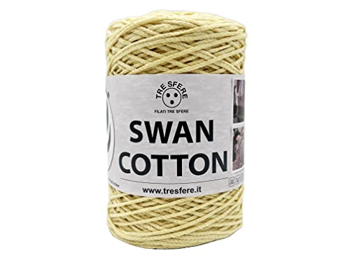 Tre Sfere Cordino SWAN COTTON (7010 – Giallo Chiaro) , filato per borse, cappelli, cestini, sottopiatti, pochette composizione 70% cotone riciclato 30% poliestere, Bobina 250 Grammi 250 metri