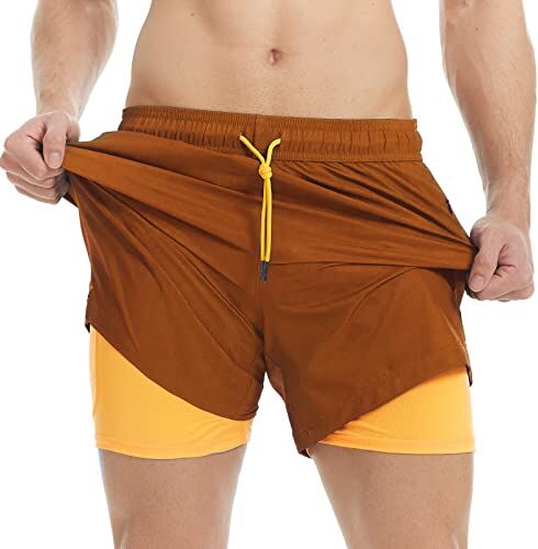 MaaMgic 2 in 1 Pantaloncini da Bagno da Uomo Asciugatura Veloce Costume da Bagno per Surf sulla Spiaggia Multi-funzioni Allenamento con Fodera di Compressione,Marrone Giallo CR,XL