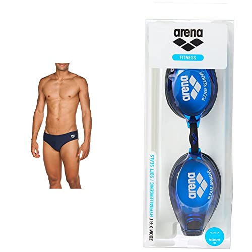 Arena Dynamo Costume da Bagno Uomo, Costume Slip Mare e Piscina in Tessuto Maxfit Resistente al Cloro e al Sale &  Zoom X-Fit Occhialini Nuoto Anti Appannamento, Unisex Adulto, Blu