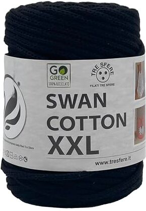 Tre Sfere SWAN COTTON XXL (2501 Nero), filato per borse, cappelli, cestini, sottopiatti, pochette composizione 70% cotone riciclato 30% poliestere, Bobina 250 Grammi 65 Metri