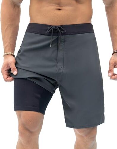 TUONROAD Costumi da Bagno Uomo Pantaloncini da Mare ad Asciugatura Rapida con Tasca con Cerniera Pantaloncini da Bagno Uomo con Fodera a Compressione Pantaloncini da Spiaggia Grigio 32