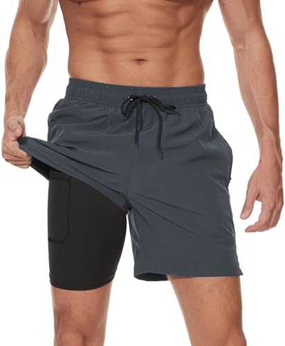 Kfnire Costume Uomo Mare Asciugatura Rapid Costume da Bagno Uomo con Boxer Slip Foderato, Pantaloncini Mare Uomo con Tasche, 2 in 1 Pantaloncino da Bagno Surf Uomo, Taglie S 2XL