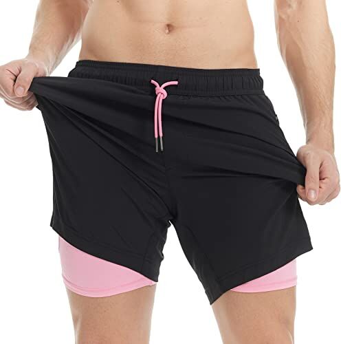 MaaMgic 2 in 1 Pantaloncini da Bagno da Uomo Asciugatura Veloce Costume da Bagno per Surf sulla Spiaggia Multi-funzioni Allenamento con Fodera di Compressione 7 Pollici,Nero Rosa 7,XXL