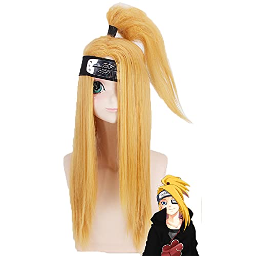 LINLINCD -Akactuki Parrucche Cosplay Costume Deidara Uomini Lungo Oro Resistente al Calore Sintetico Halloween Parrucca+Parrucca Cap