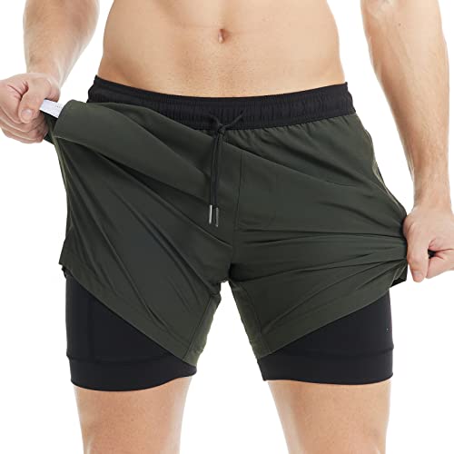 MaaMgic 2 in 1 Pantaloncini da Bagno da Uomo Asciugatura Veloce Costume da Bagno per Surf sulla Spiaggia Multi-funzioni Allenamento con Fodera di Compressione,Verde Nero 5.5,XXL